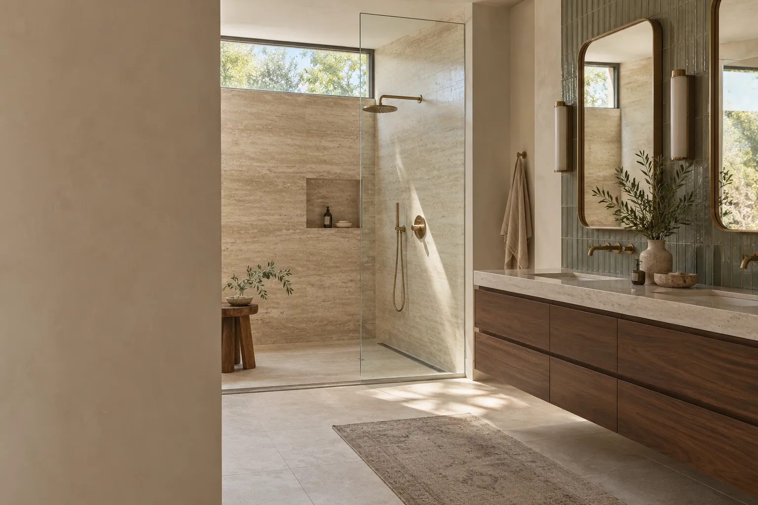 Travertine walk-in shower with a glass panel beside a floating walnut vanity, a round mirror and soft daylight on plaster walls