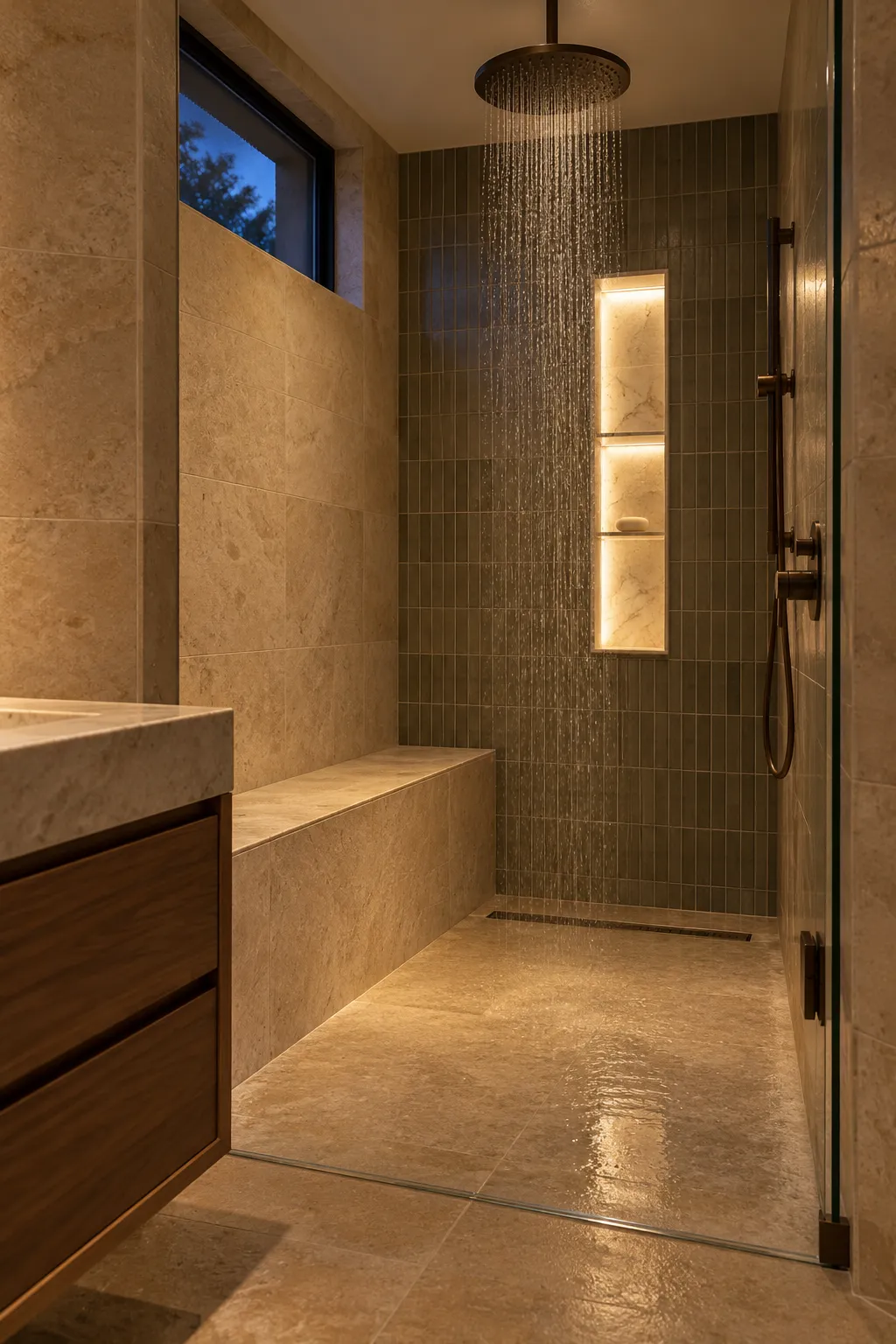 Stone walk-in shower at dusk with a rain head, a lit wall niche, a bench and a walnut vanity in the foreground