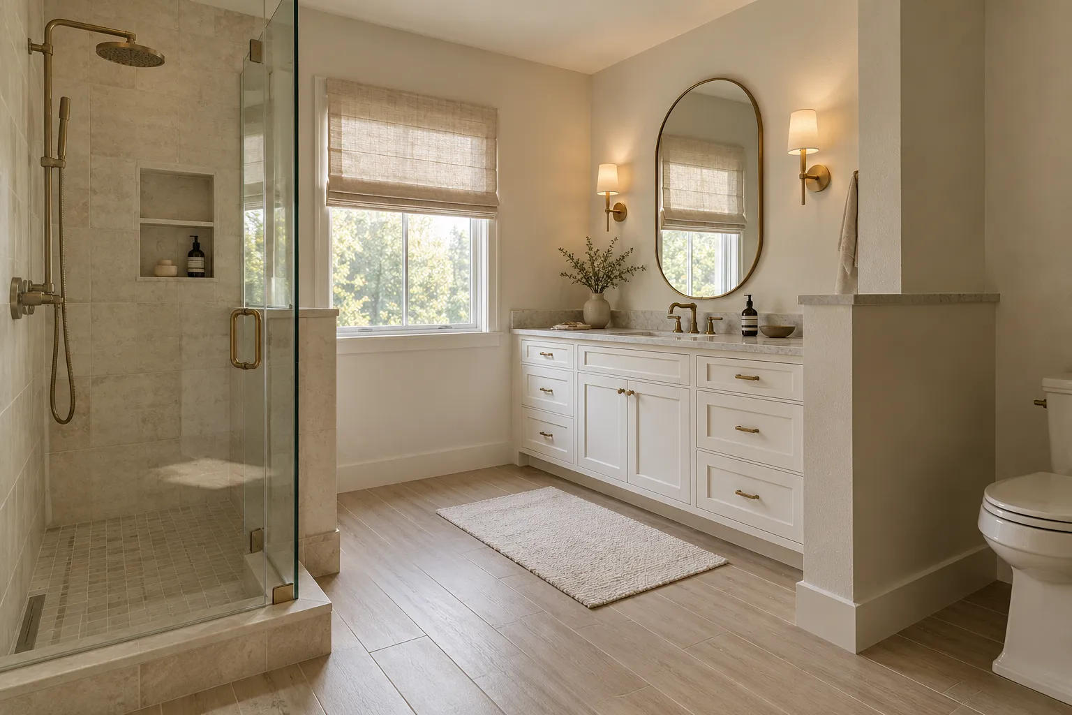 Bright bathroom with a glass shower, a white double vanity with brass pulls, an oval mirror and wood-look floor tile
