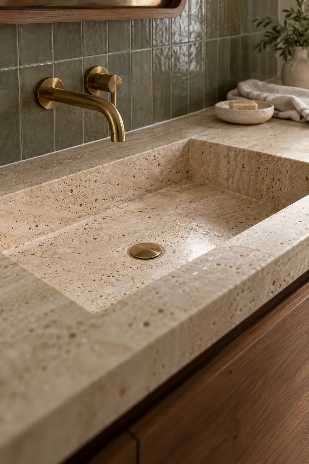 Close view of a travertine counter with a carved basin and a brushed brass wall faucet over walnut drawers