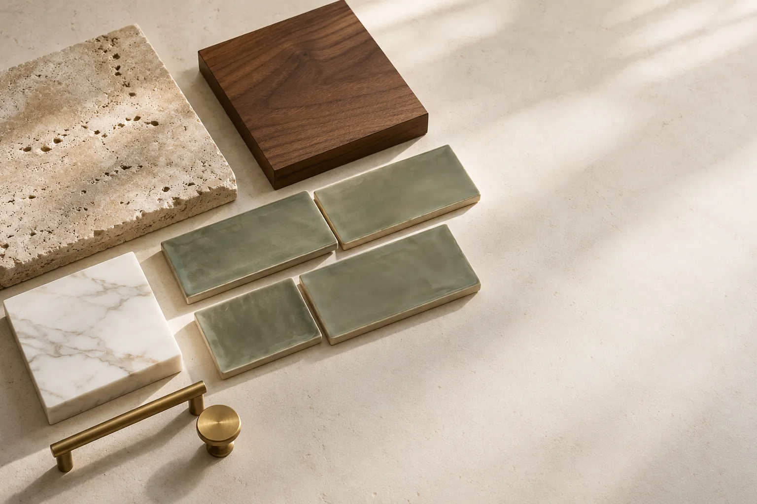Material samples on a light surface: travertine, a walnut block, sage glazed tiles, white marble and a brass pull