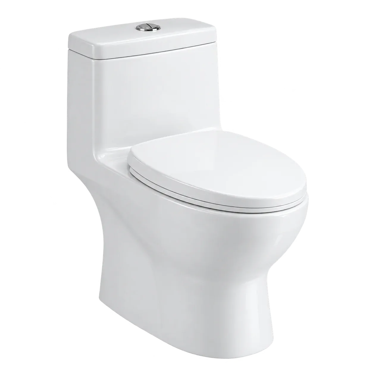 White one-piece toilet with the lid closed